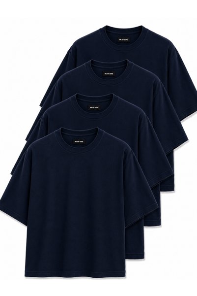 MİLANDORE Pack of 4 Navy Blue Unisex Oversize T-Shirts - Crew Neck Basic T-Shirt