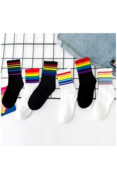 HAYEL 6 Pairs Black White Multicolor Striped Women's Tennis Socks Seamless