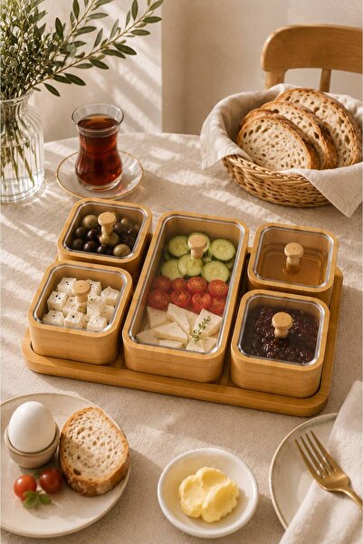 NEWNOW Bamboo Breakfast Set with Lid, 5-Piece Serving Container |   Cheese Ho...