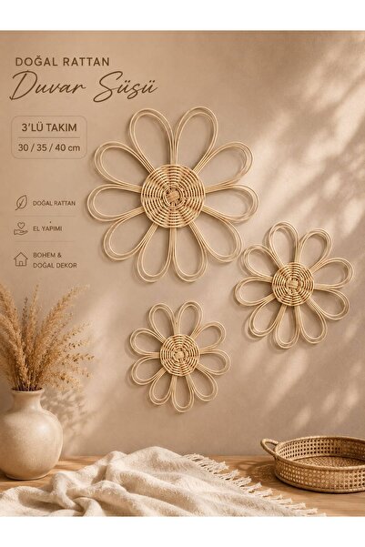 barellum Flora 3’lü Doğal Rattan Duvar Dekoru 30-35-40 cm El Yapımı Bohem Has...