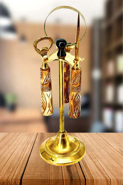 Al Athar Arts طقم إكسسوارات مكتبية نحاسية مصنوعة يدويًا مع صدف اللؤلؤ - بتصمي...