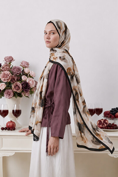 BONASERA EŞARP Luxurious French Silk Shawl with Powder and Burgundy Floral Pa...