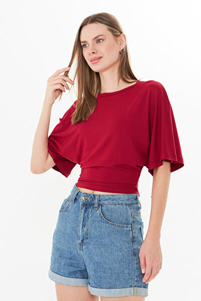 Tight Lady Ultra Soft Waist-Fitted Wide Sleeve Natural Viscose Burgundy Blouse