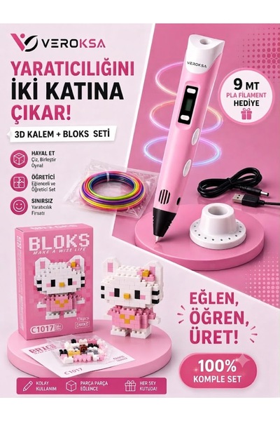 VEROKSA PEMBE 3D Kalem + 136 Parça Bloks Seti – Yaratıcılığını İki Katına Çıkar!