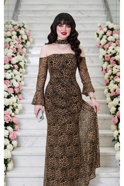 vela Leopard Evening Dress Long Sleeve Dress Stretch Fabric Luxury