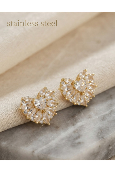 stainless steell Brass Gold Color Zircon Stone Heart Model Earrings