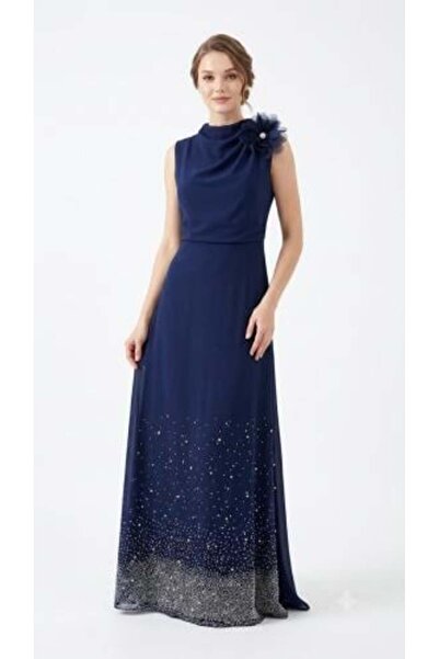 unbranded Women's Navy Blue Floral Appliqué Sleeveless Maxi Evening Dress wit...