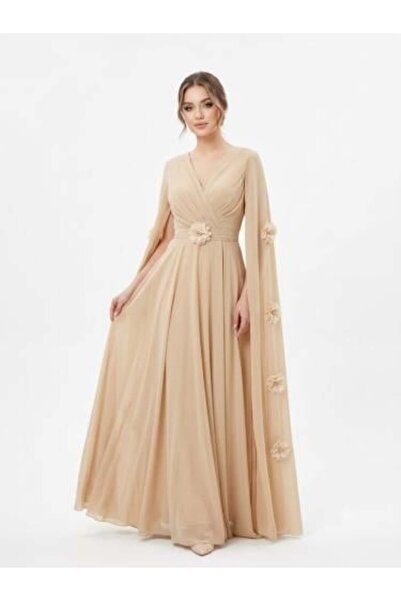 unbranded Women's Champagne Chiffon Maxi Evening Dress with Floral Appliqué C...