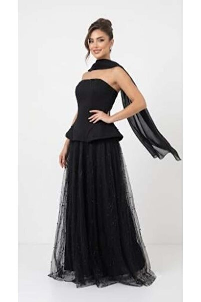 unbranded Women's Black Strapless Glitter Tulle Maxi Evening Dress with Chiff...