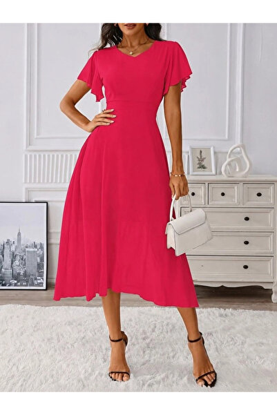 Beruflic Women's Short Sleeve V-Neck Midi Lined Chiffon Dress