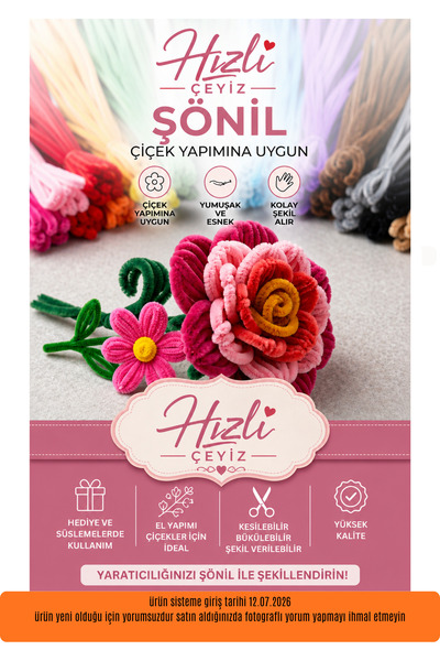 Hızlı Çeyiz 100 Adet - 10 Renk 10 ar Adet Toplam 100 Adet Şönil 30cm, Tüylü P...