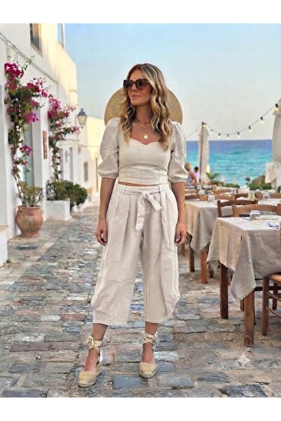 AYASOFYA OTANTIK Women's Italian Beige 100% Linen Capri Trousers with Elastic...