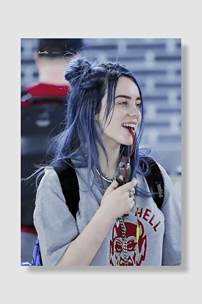Luna Marissa Billie Eilish Poster Mavi Saç Gülümseyen Gri Tişört Sokak Stili ...