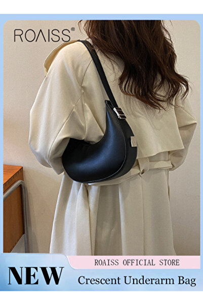 ROAISS Women PU Leather Shoulder Bag Women Crescent Lock Clutch Bag Solid Col...