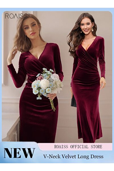 ROAISS Women's V Neck Velvet Hip Dress Elegant Elastic Skirt Dress Fashion Lo...