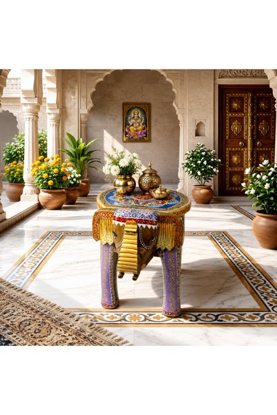 Al Athar Arts Wooden Traditional Elephant Table & Stool – Mango Wood Furniture(W:14.5''D:18''H:18'')