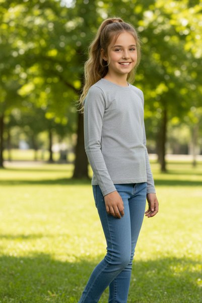 KİAGU Gray Basic Long Sleeve T-Shirt - Non-Sweating Flexible Fabric Cotton Seasonal Gray Long Sleeve Girls' Tshirt