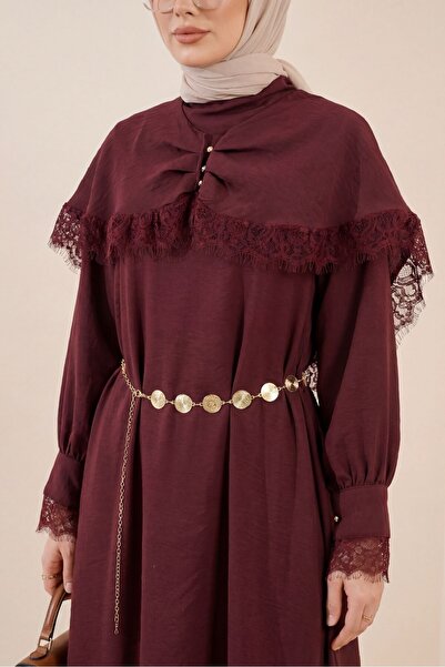 Modamorfo Lace Detailed Cape Belted Lined Imported Ibiza Dress - Dark Burgundy