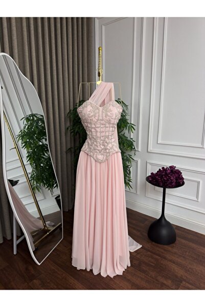 ranin Light Pink Chiffon Double Cloche Evening Dress with Handwork Embroidery...