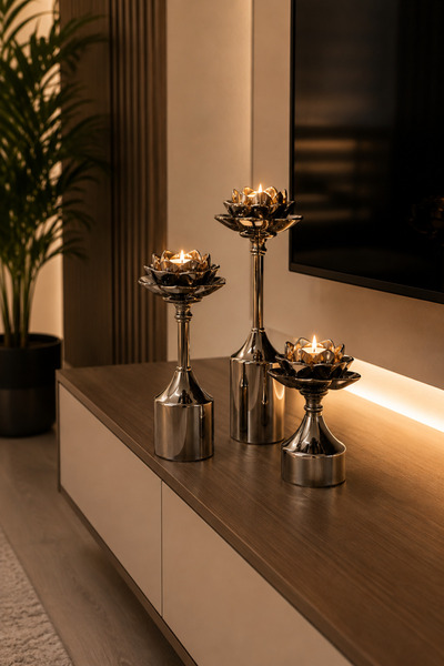 Vien Home Lotus Çiçeği Metal Şamdan Mumluk 3'lü Dekoratif Set
