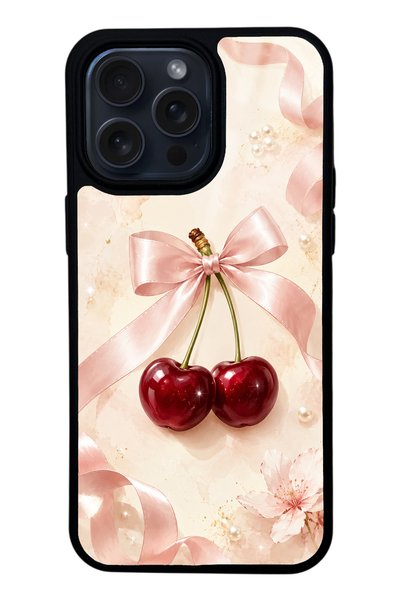 Spoyi iPhone 15 Pro Max Glossy Phone Case with Cherry Pearl Ribbon Design