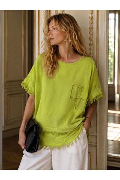 Punta Otantik Pts25073 Cotton Blouse with Tassels on Sleeves and Hem, Pistachio