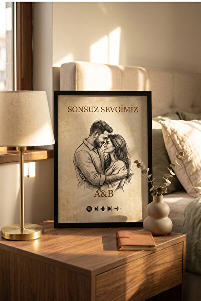 ÇELİKLER HEDİYE Kişiye Özel Spotify Kodlu Çizim Çerçevesi Romantik Çift Portr...