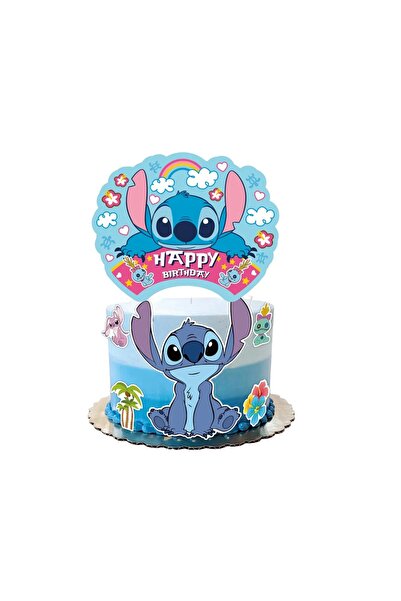 Baloane Vesele Topper Tort Stitch Happy Birthday Curcubeu și Flori Tropicale ...