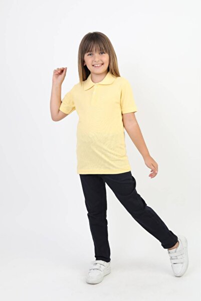 NATS KİDS Unisex Çocuk Sarı Polo Yaka Okul Tişörtü Kısa Kollu Pamuklu Pike Kumaş