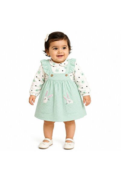 Generic Girls' Suspender Dress Set with Blouse, Embroidered with Rabbits
