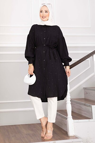 EBRUTESETTÜR Kendinden Pullu Bağcıklı Uzun Gömlek Tunik Siyah