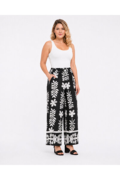 Şans Women's Plus Size Black, White Printed Viscose Trousers 65N39007