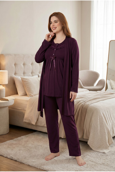 JENİKA Women's Plum Maternity Pajama Set with Ruffle Detail, 3-Piece Pajama Set
