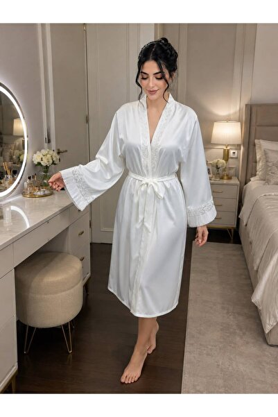 GENERAL Luxurious White Satin Bridal Robe – Elegant Embroidery & Adjustable B...