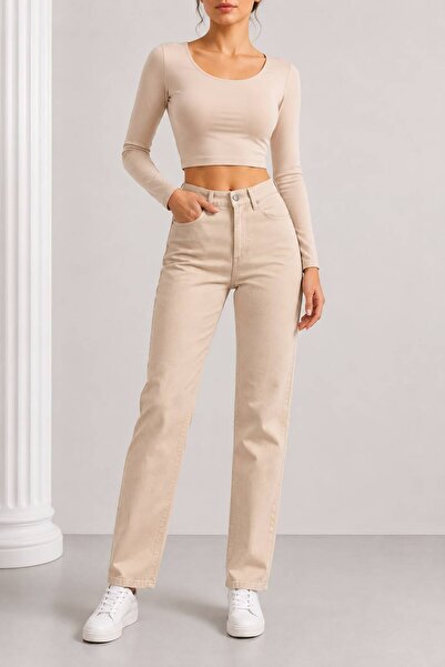 SAPAKTEKS Cream Color Women's Lycra Mom Jean High Waist Stretchy Denim Pants ...
