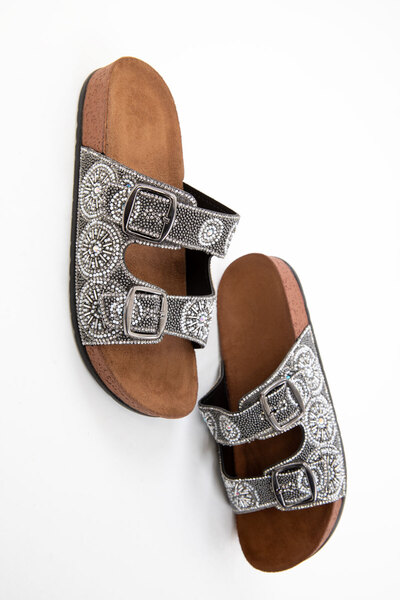 Pienn Women's Silver Stone Embellished Double Buckle Soft Sole Slippers – Dai...