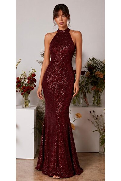elissaa HALTER YAKA UZUN PUL PAYET ABİYE ELBİSE