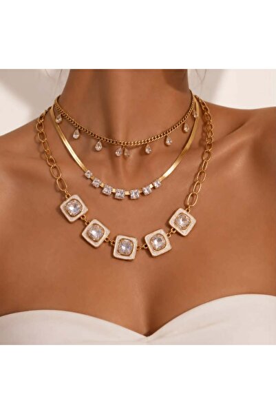 KAYANCLICK Stainless Steel Layered Necklace with Crystal Squares