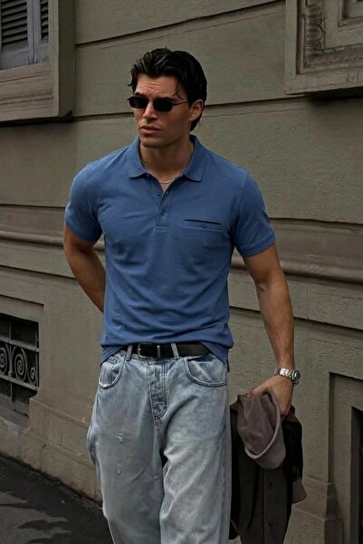 Maccali Men's Loose Short Sleeve Indigo Polo Collar t Shirt with Pockets