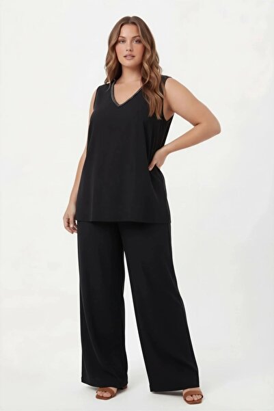 RMG V-Neck Beaded Detailed Plus Size Linen Blouse Trouser Set