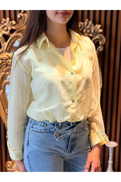 busanat Kadın Sarı Kendinden Çizgili Salaş Dökümlü Poplin T-Shirtlü Gömlek