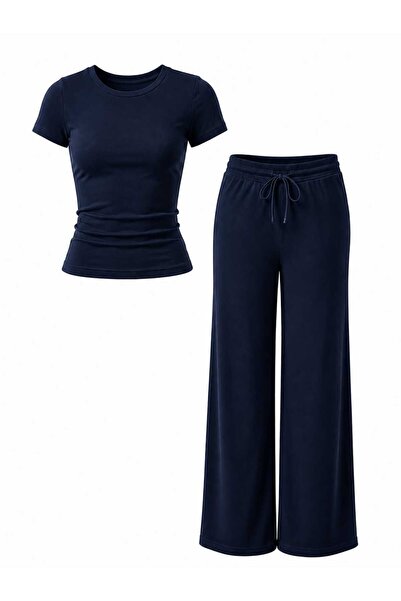 EVOA Women's Crew Neck Blouse & Wide Leg Pants Set