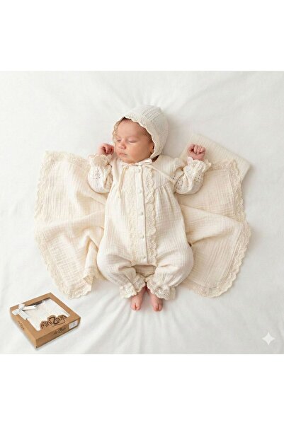 LisaLoom Muslin Fabric Lace 3-Piece Organic Hospital Discharge Set for Newbor...