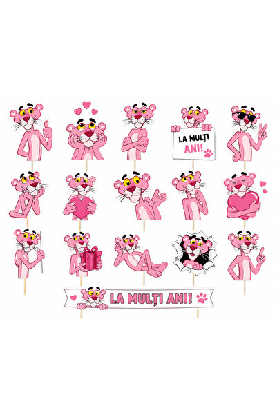 DecoParty Set toppere tort PANTERA ROZ, 16 figurine, carton, suporti din lemn...