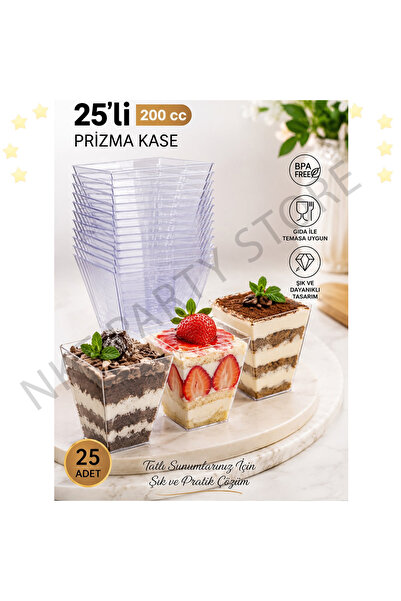 NKT Şeffaf Kristal Mika Sert Plastik Kübik Prizma Kase 200cc 25 Adet Kapaksız...
