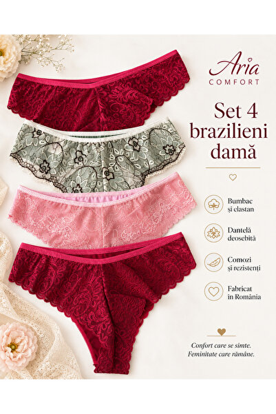 Aria Comfort Σετ 4 Βραζιλιάνικα Σλιπ με Δαντέλα – Βαμβακερά, (Κόκκινο, Ροζ, Π...