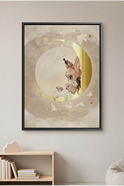 Jasmine Art Gold Moon Bunny Kids Wall Art | Portrait Framed Canvas Print with...
