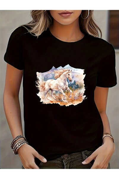 212Wear تي شيرت نسائي كاجوال بطبعة حصان، رقبة دائرية وأكمام قصيرة، قطن مسامي،...