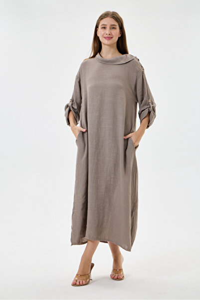 della moor Mink Italian 100% Linen Degaje Collar Folded Long Sleeve Long Line...