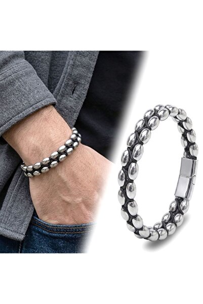 OGHAMAY Barley Hematite Natural Stone Double Row Weave Steel Lock Men's Brace...